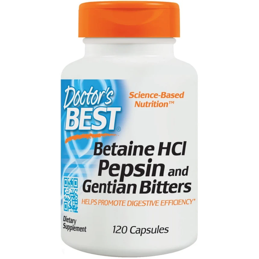 Doctor's Best Betaine HCl Pepsin&Gentian 120kaps. Wsparcie Trawienia