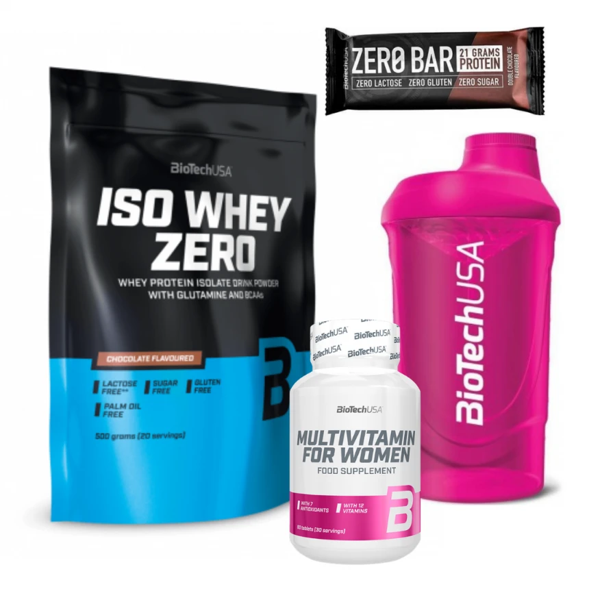 BioTech Iso Whey Zero 500g + Multivitamin for women + Zero Bar + Shaker pink