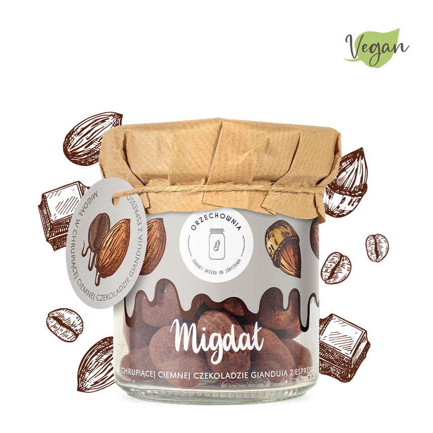 Orzechownia Migdał w chrupiącej ciemnej czekoladzie Gianduia z espresso (vegan)​​​​​​​ 150g